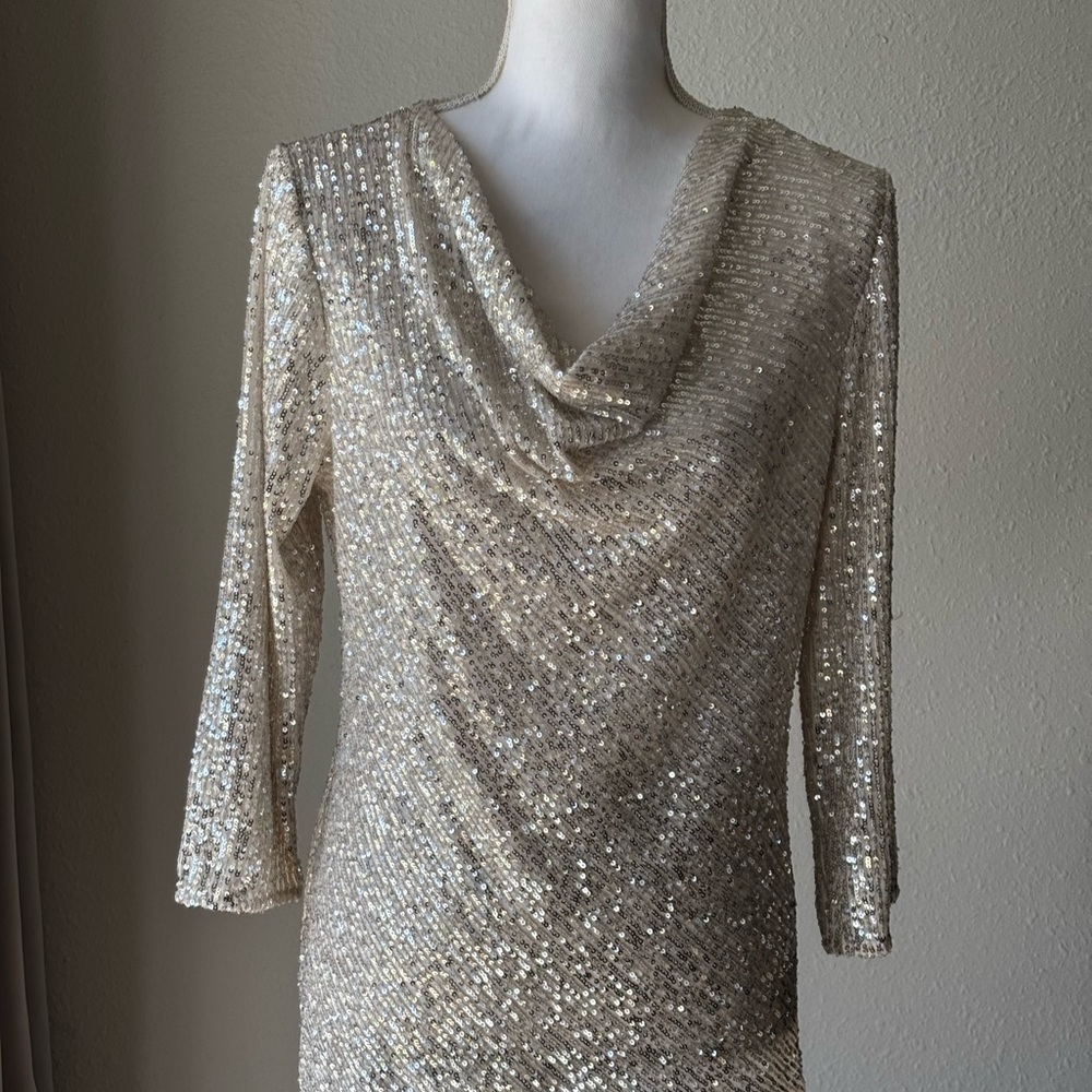 CeCe Silver Sequin Cowl Neck Long Sleeve Blouse Size Large